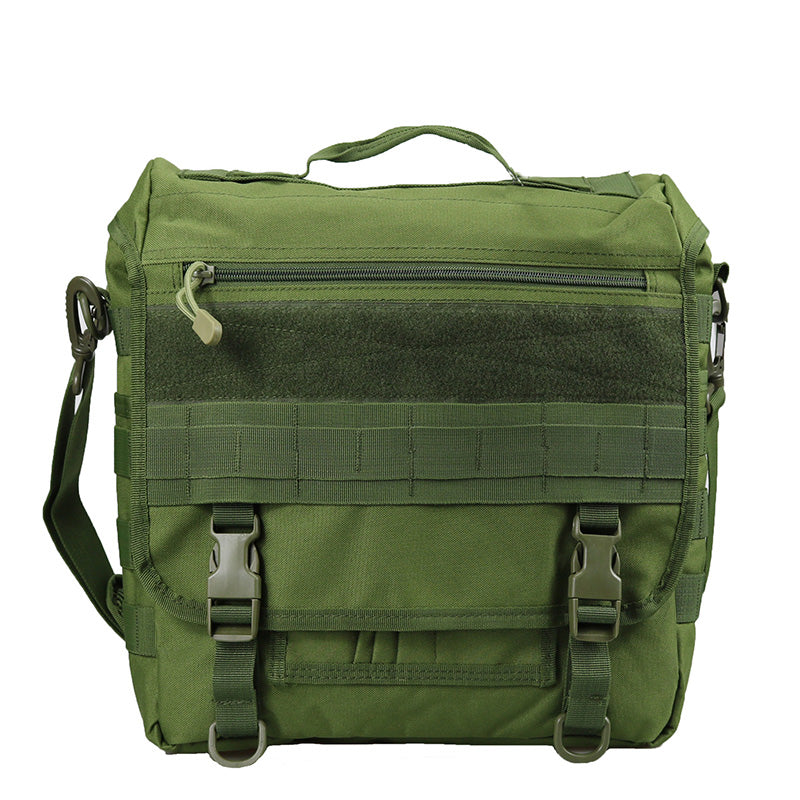 NOVRA 13L Messenger Bag in green heavy-duty fabric with MOLLE webbing, zipper pocket, quick-release buckles, and adjustable shoulder strap.