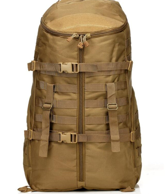 NOVRA 65L hiking backpack in khaki 600D Oxford fabric with MOLLE webbing, compression straps, and dual zipper closure