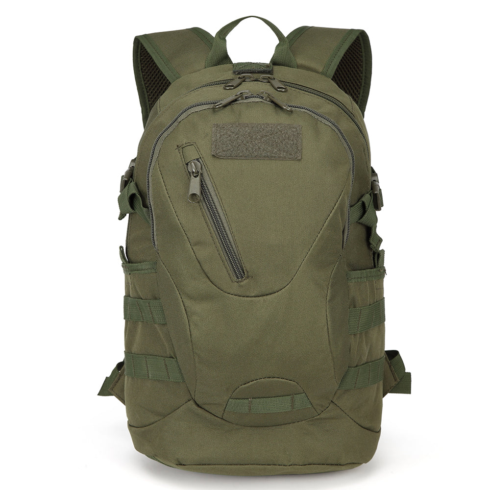 Olive green nylon NOVRA 25L Daypack with MOLLE webbing, multiple zippered compartments, and padded shoulder straps.