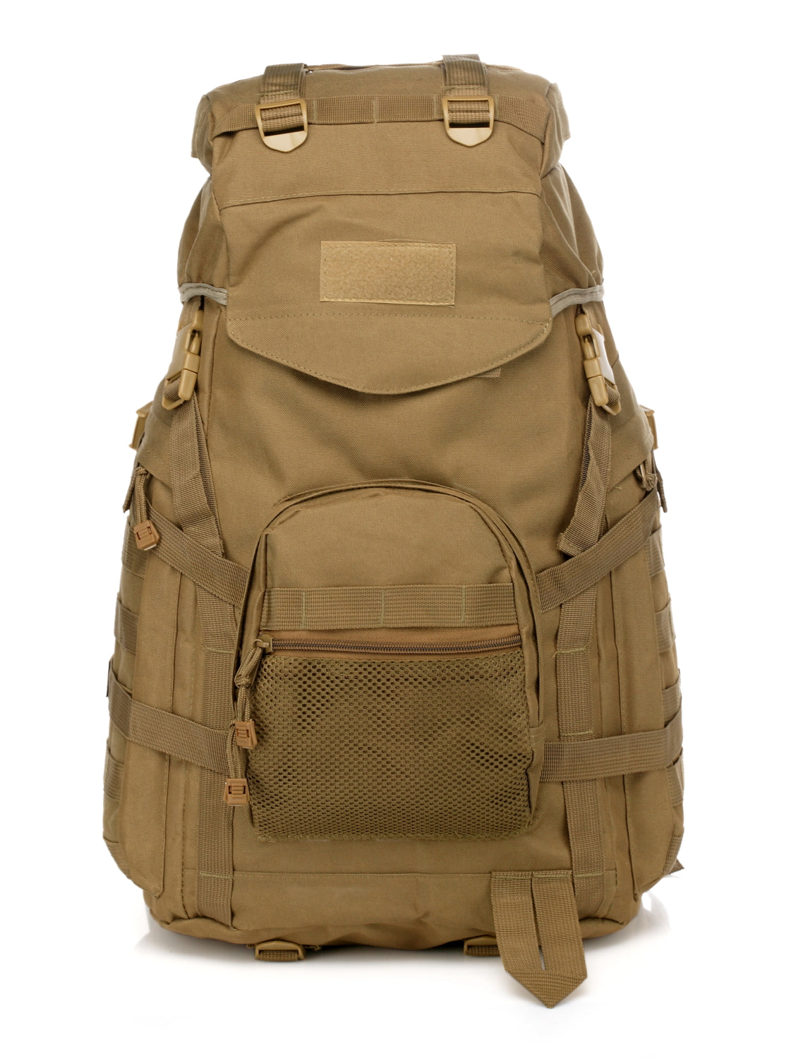 NOVRA 50L MOLLE hiking backpack in tan waterproof Oxford fabric with multiple compartments and adjustable straps