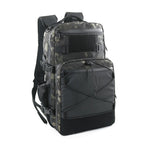 Black and gray camouflage fabric backpack with multiple zippered compartments, adjustable straps, and mesh side pockets, NOVRA 18L Modular Backpack.