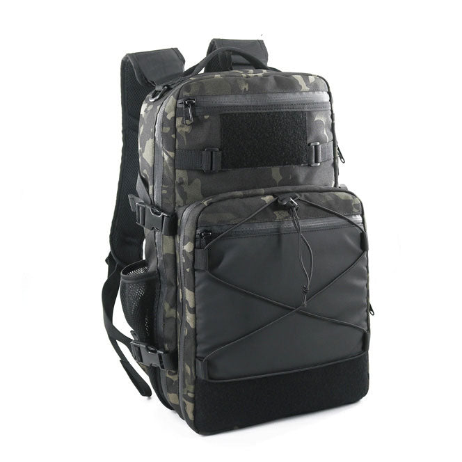 Black and gray camouflage fabric backpack with multiple zippered compartments, adjustable straps, and mesh side pockets, NOVRA 18L Modular Backpack.