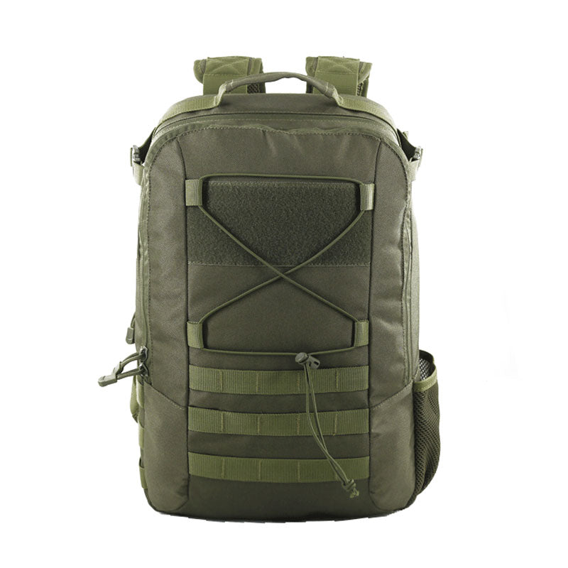 NOVRA Trek Lite 15L olive green outdoor daypack made from water-repellent oxford fabric with front bungee cord and side mesh pocket