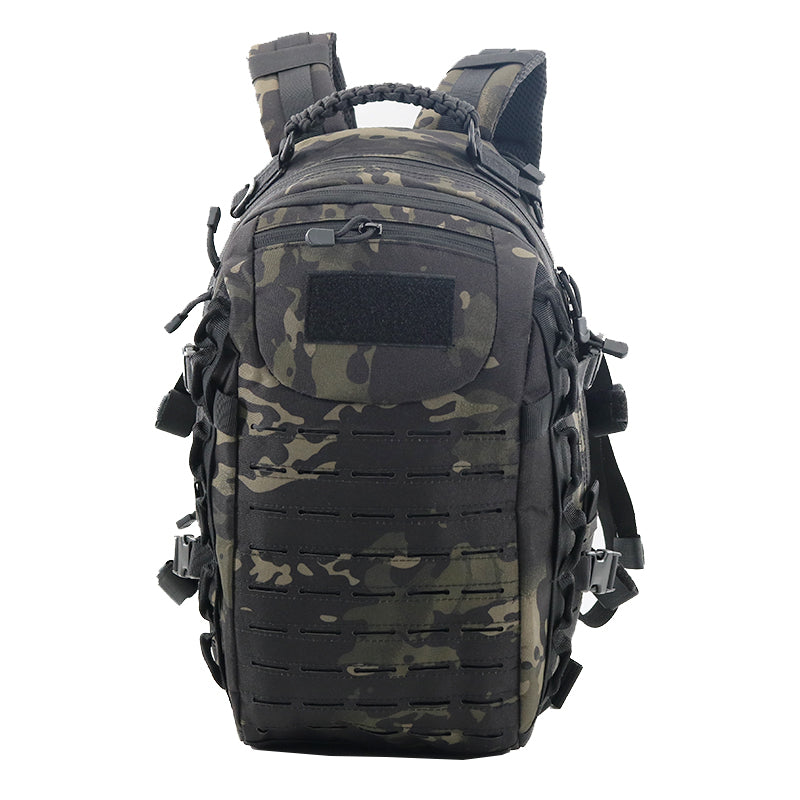 Military green and black camouflage water-repellent oxford fabric backpack with multiple compartments and padded straps, featuring the NOVRA Ridge Trek design.