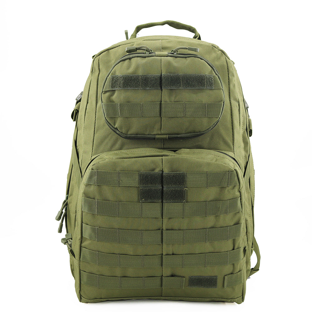 NOVRA Trail 40L large capacity outdoor hiking backpack in olive green, made from durable water-repellent oxford fabric with multiple compartments and MOLLE webbing.